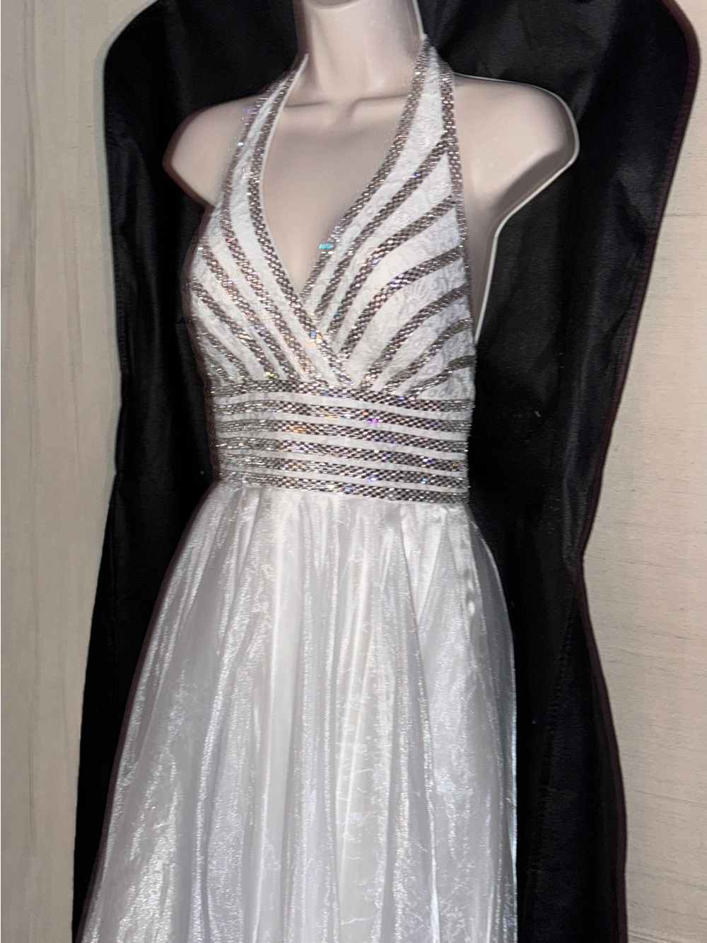 Johnathan Kayne White Halter Gown with Silver Sequin Accents